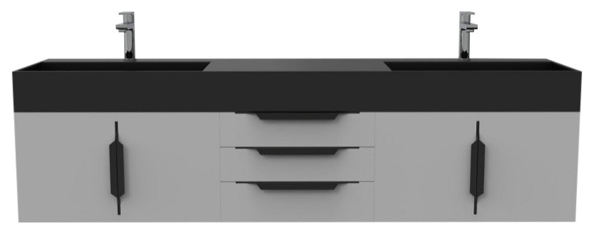 CastelloUSA Amazon 72" Wall Mounted Vanity Set, Gray, Black Top, Black Handles
