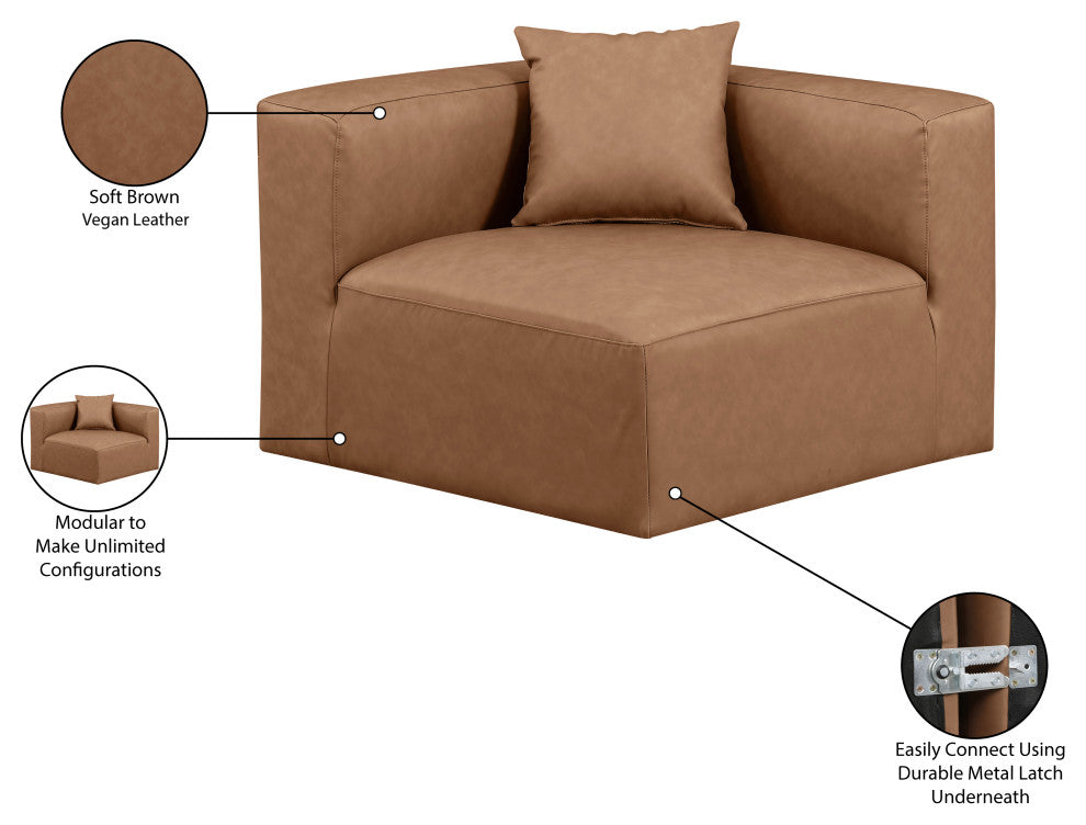 Cube Upholstered Modular Component, Brown, Vegan Leather, Corner Chair