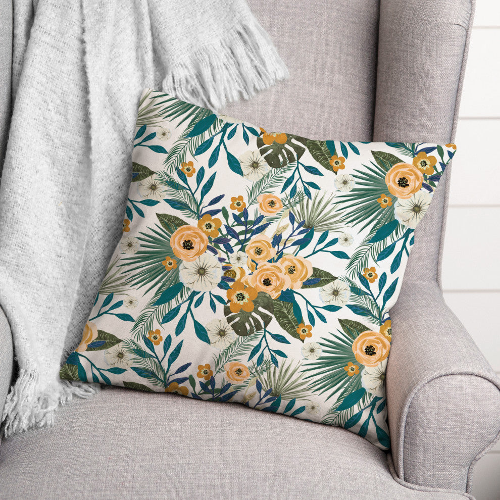 White Tropical Floral 18x18 Spun Poly Pillow
