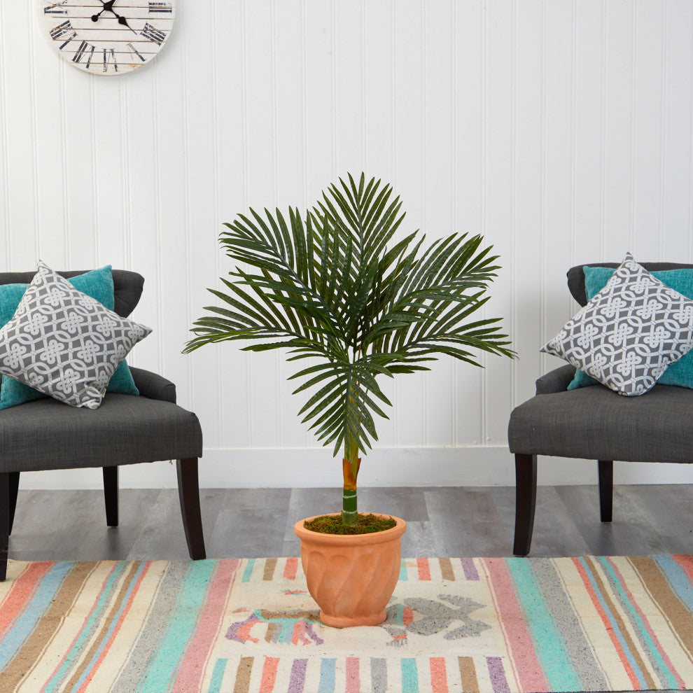 3.5' Golden Cane Artificial Palm Tree, Terra-Cotta Planter