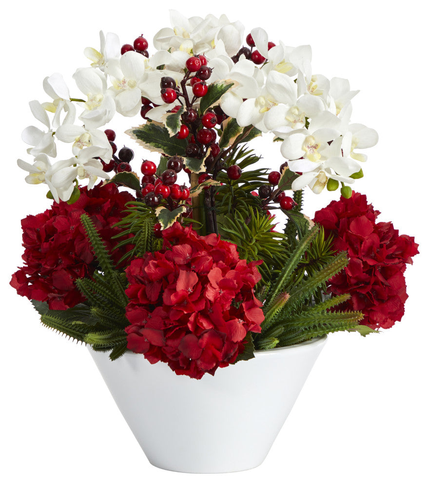 18" Phalaenopsis Orchid, Hydrangea, Cactus & Holly Berry Faux Arrangement, Vase