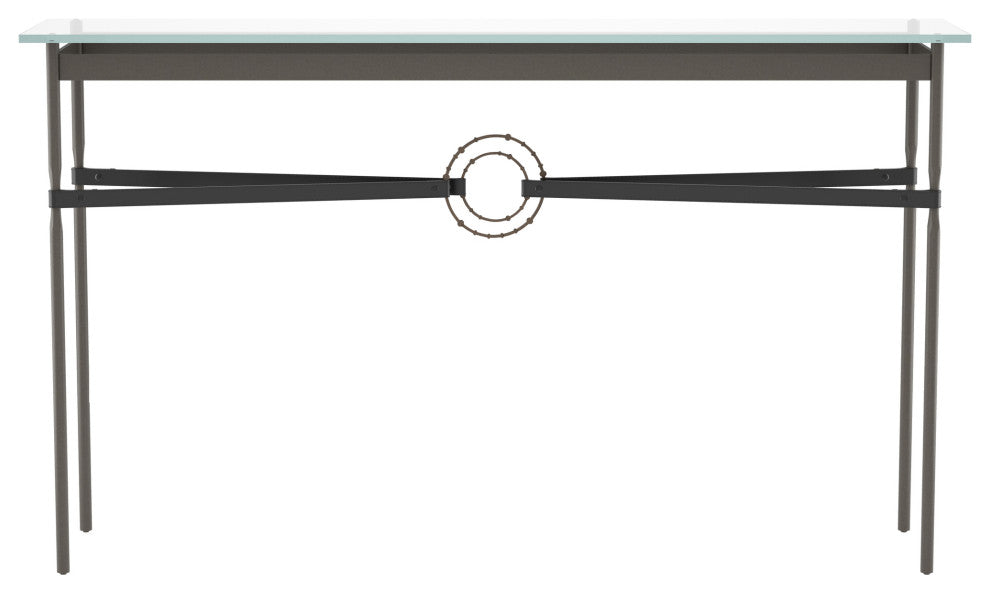 Equus Console Table, Dark Smoke Finish - Bronze Accents - Black Leather Strap