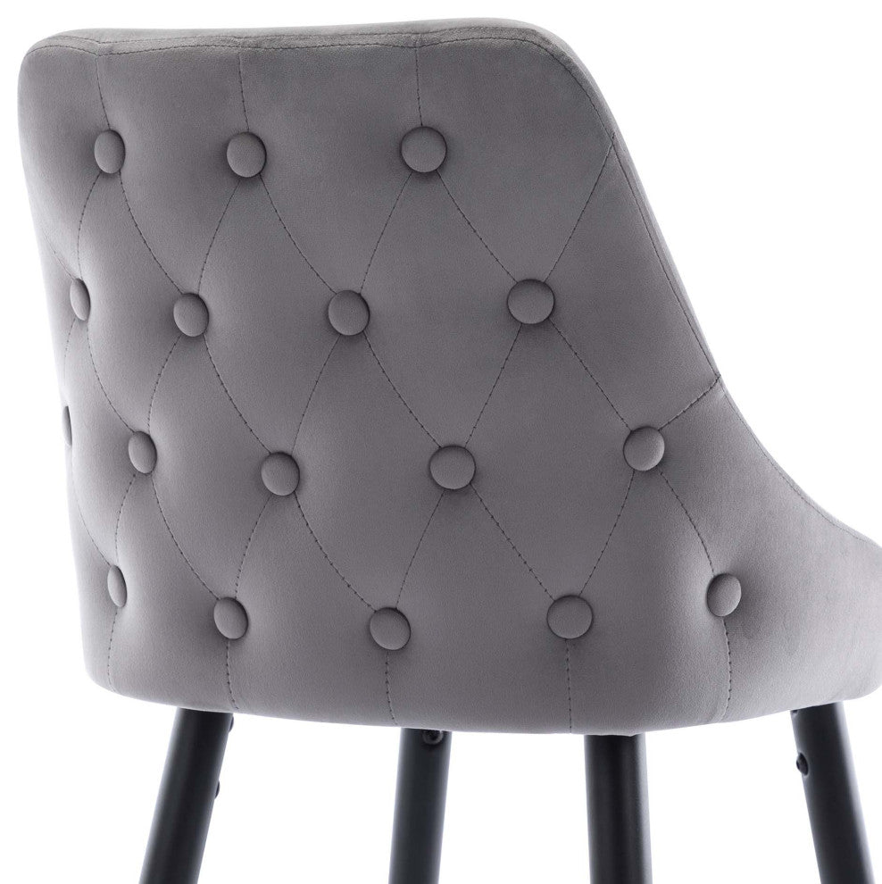 Set of 2 Button Tufted Velvet Bar Counter Stools, Grey, 24''