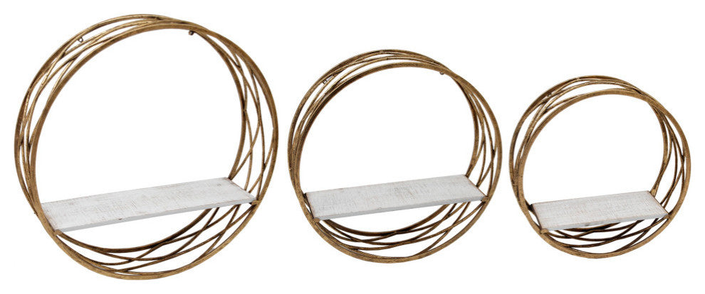 Metal Round Wall Shelves, White and Gold