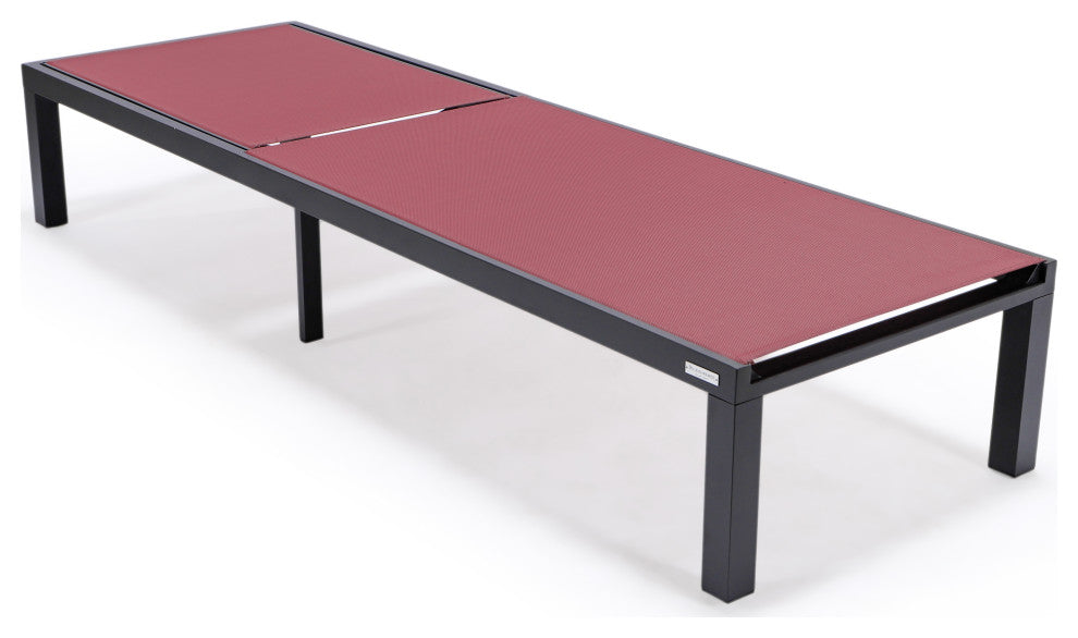 LeisureMod Marlin Black Patio Chaise Lounge Chair with Fire Pit Table, Burgundy