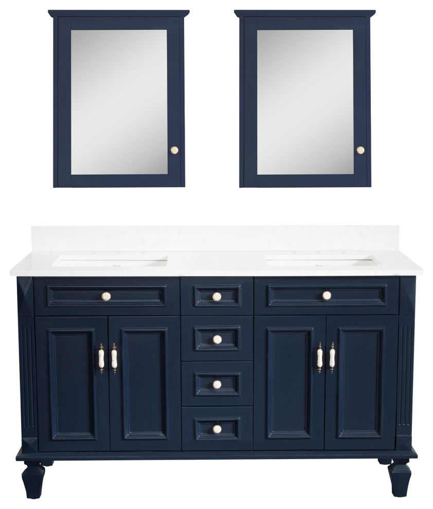 60 In Bath Vanity Set with 2 Mirror Cabinets, Quartz Top, 2 cUPC Certified Sinks, Navy Blue