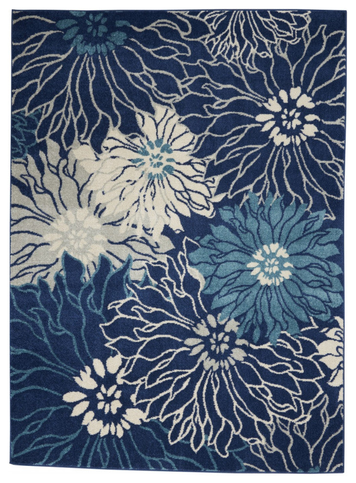 5' X 7' Blue And Ivory Floral Power Loom Area Rug