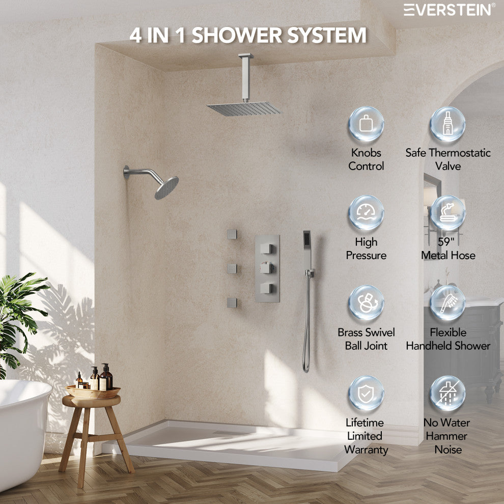 Thermostatic Dual Heads 12" Rainfall Shower System With 3 Body Jets, Brushed Nickel