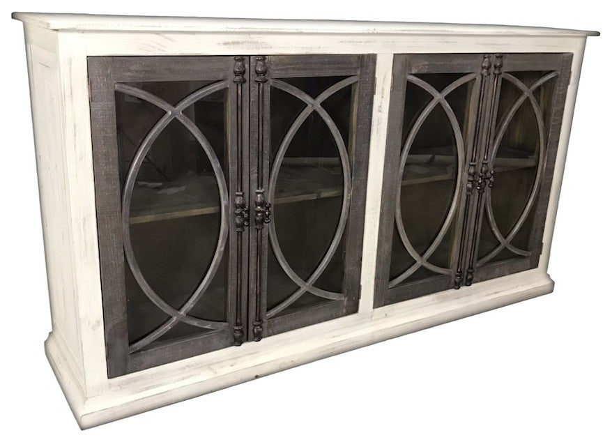 4 Door Glass Door Console With Iron Hardware, White With Brown Doors