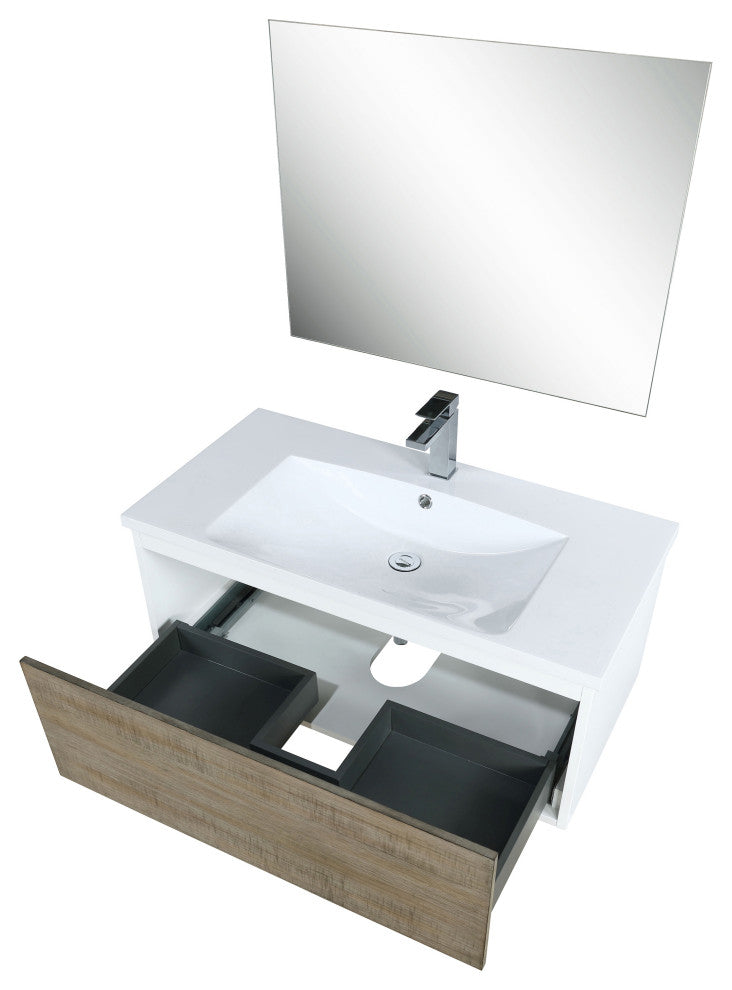 Scopi 36 Rustic Vanity, Acrylic Top With Sink, Gun Metal Faucet Set, 28 Mirror