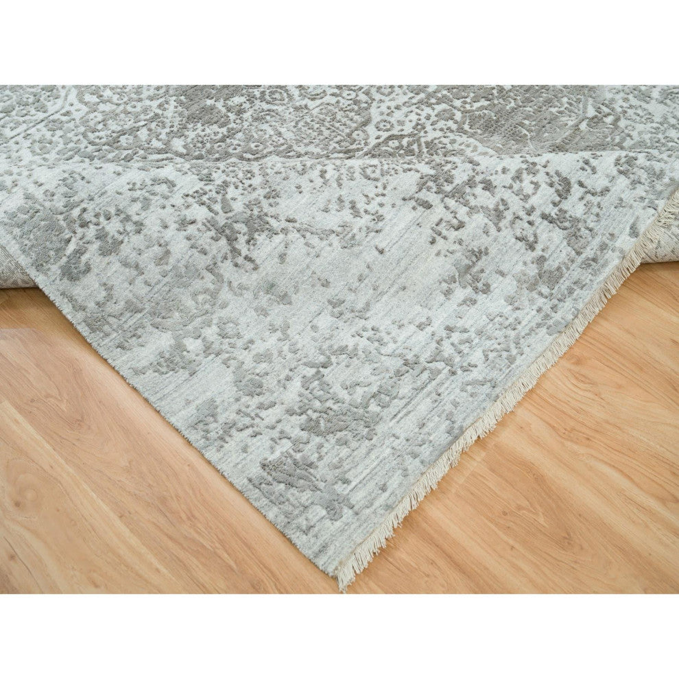 Chrome Gray Zoroastrian Hand Knotted Wool and Silk Oriental Rug, 8'x10'2"