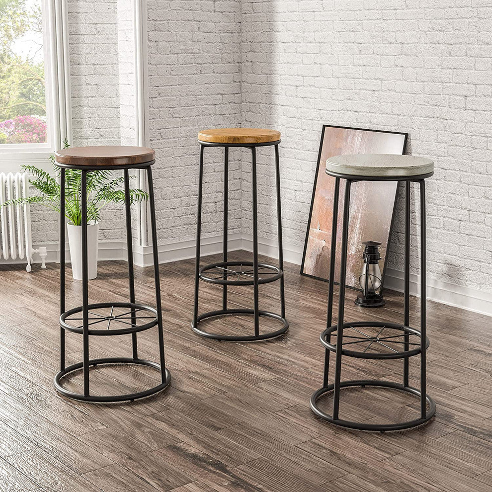 Set of 2 Bar Stool, Wheel Footrest and Backless Round Seat, Coastal White