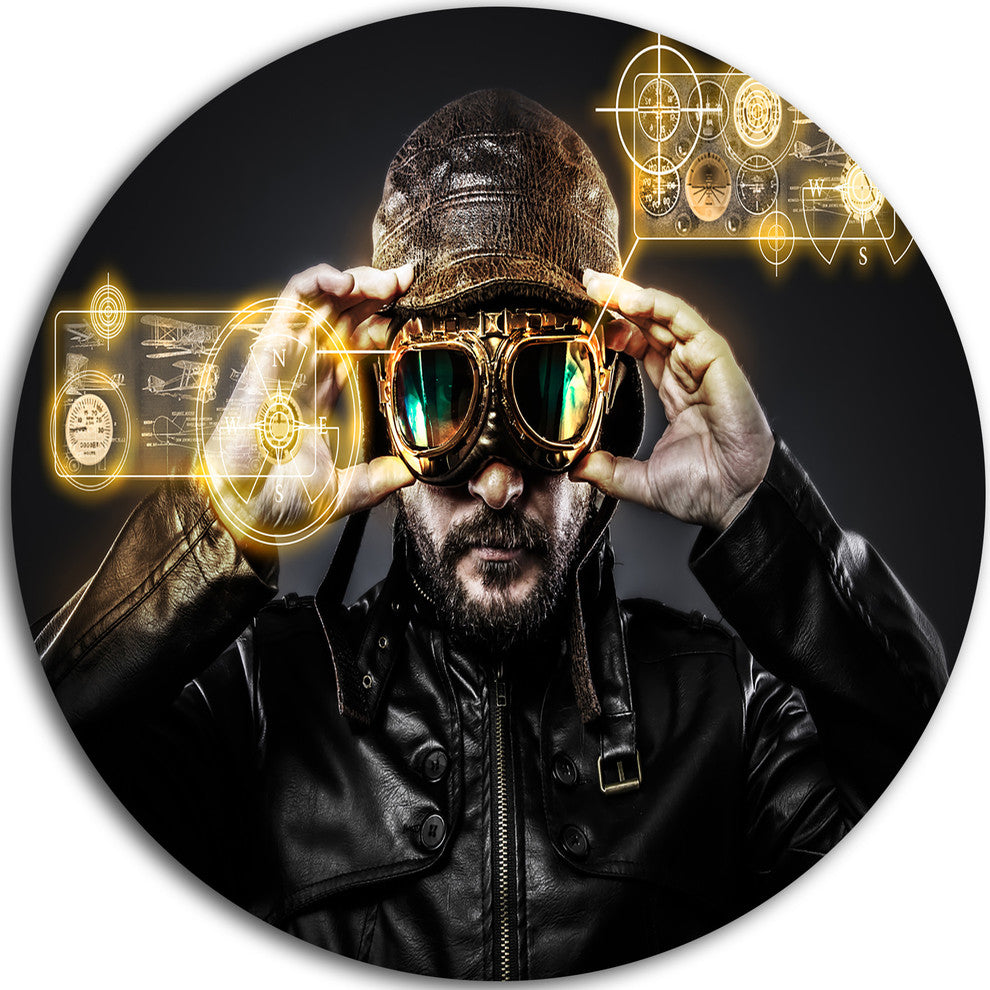Fighter Pilot With Hat And Glasses, Portrait Disc Metal Artwork, 38"