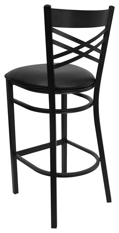 Black "X" Back Metal Restaurant Barstool, Black Vinyl Seat