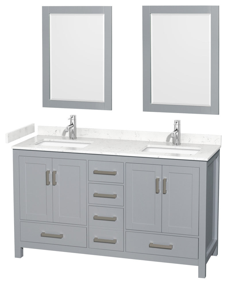 60"DBL Bathroom Vanity Gray, Carrara Cult. Marble Countertop, Sinks, 24" Mirrors