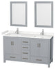 60"DBL Bathroom Vanity Gray, Carrara Cult. Marble Countertop, Sinks, 24" Mirrors