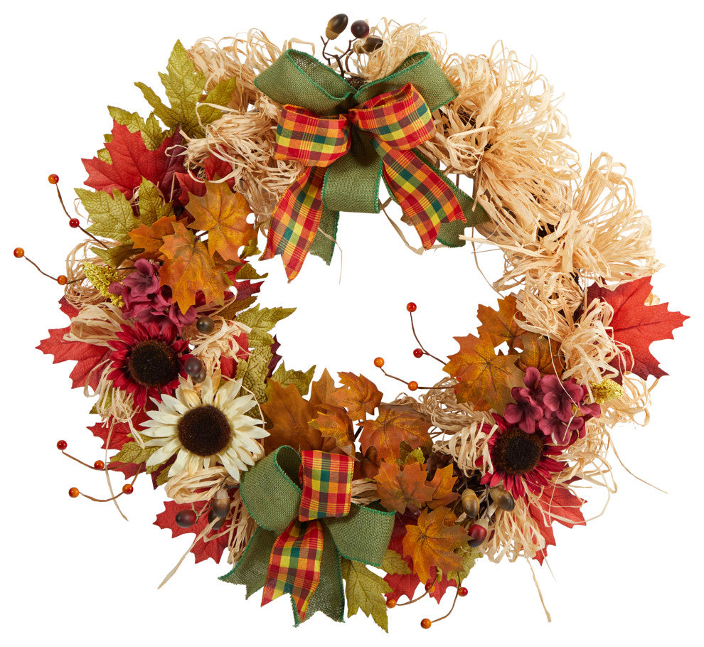 30" Harvest Autumn Sunflower, Maple Leaves and Berries Fall Wreath With Bows
