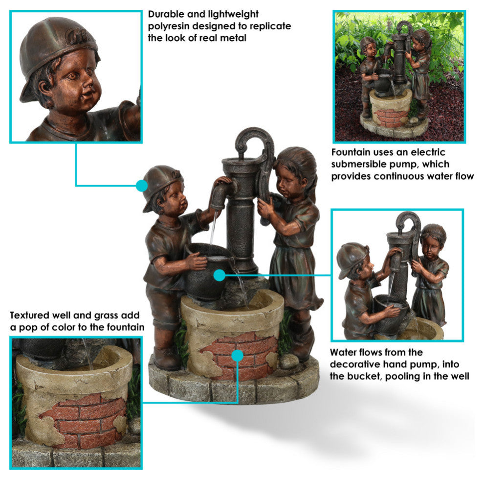 Sunnydaze Jack and Jill Water Pump and Well Outdoor Water Fountain 24" Feature