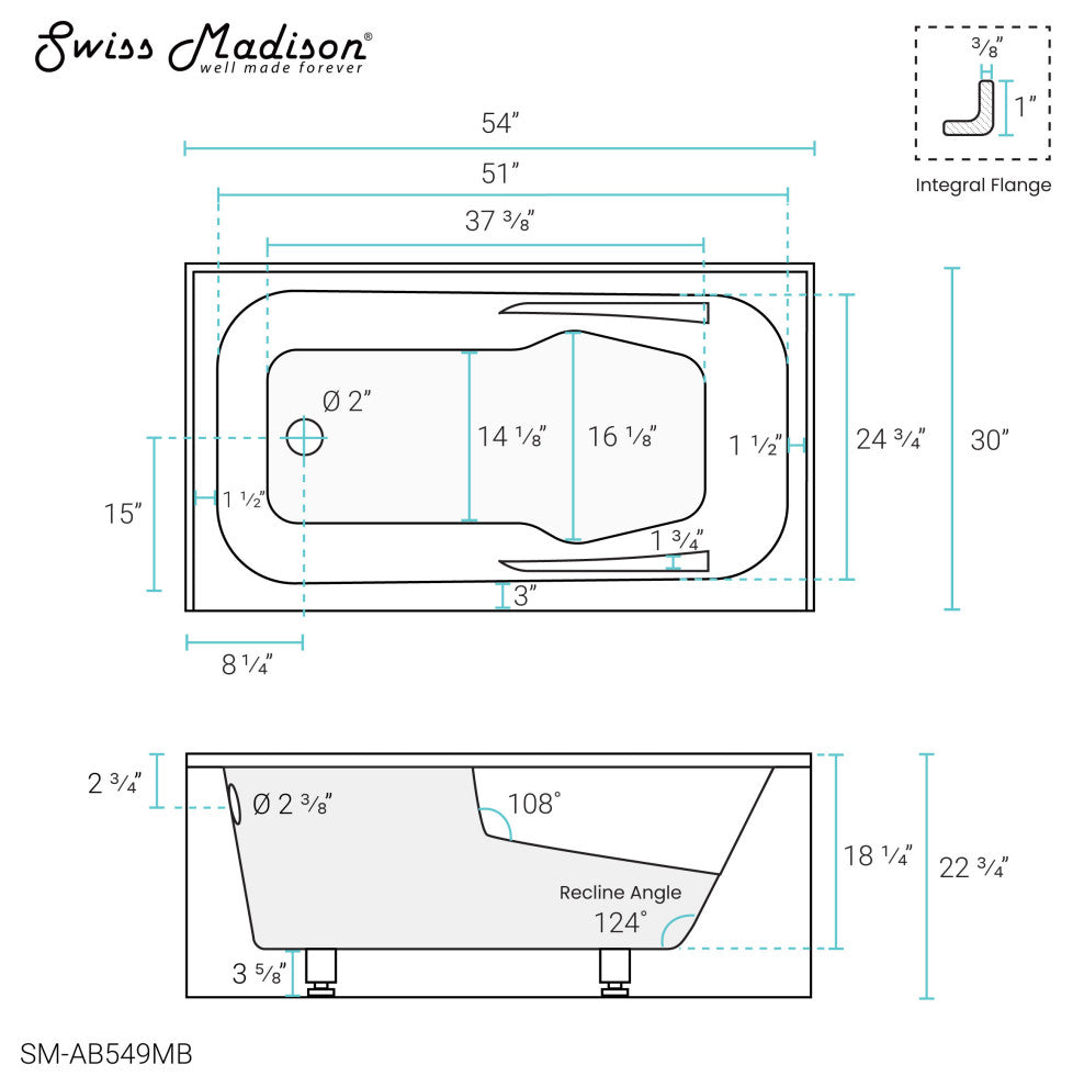 Voltaire Acrylic Alcove Integral Armrest Bathtub with Apron, Matte Black, 54"x30