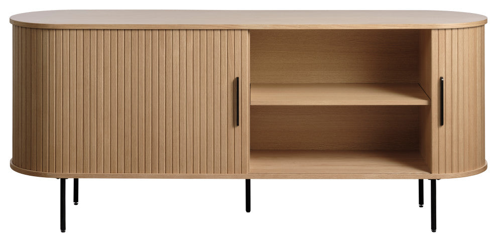 Mid-Century Modern Rounded Sliding Door Sideboard, Natural Oak, 71"