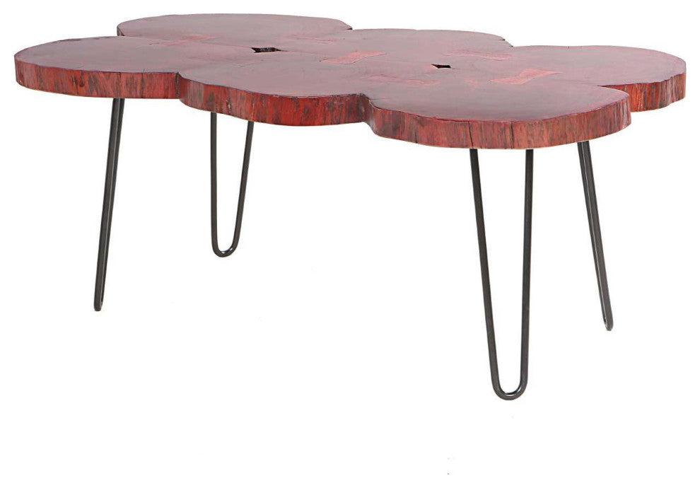 Benzara UPT-266379 Wood Coffee Table, Quatrefoil Top, Iron Hairpin Legs, Black
