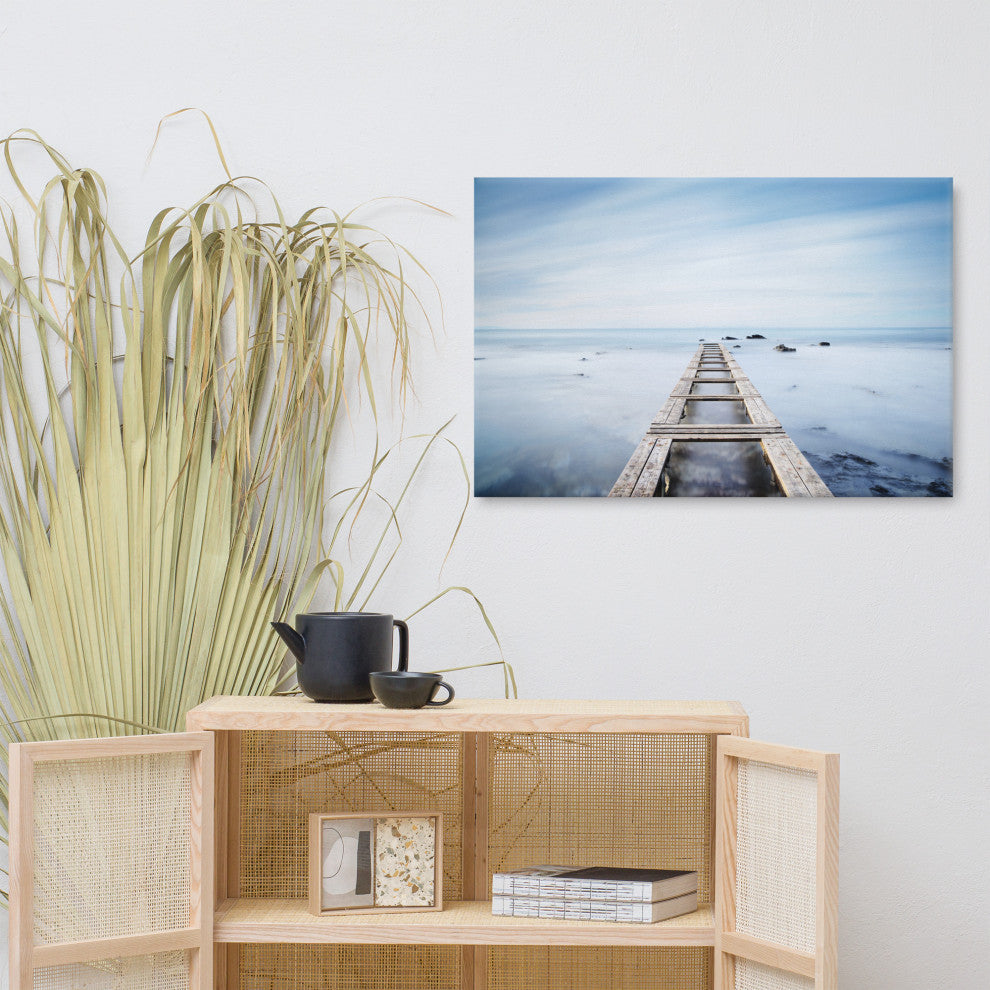 Moody Ocean and Sky Wooden Pier Landscape Photo Canvas Wall Art Prints, 24" X 36"