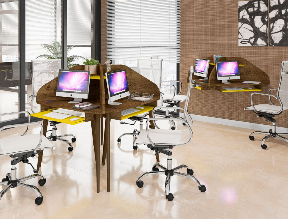 Bradley 4-Piece Round Sectional Cubicle Desk Set, Rustic Brown and Yellow