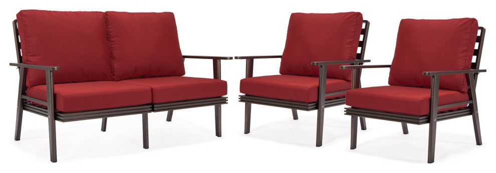 LeisureMod Walbrooke 3-Piece Patio Set With Brown Aluminum Frame and Cushions, Red
