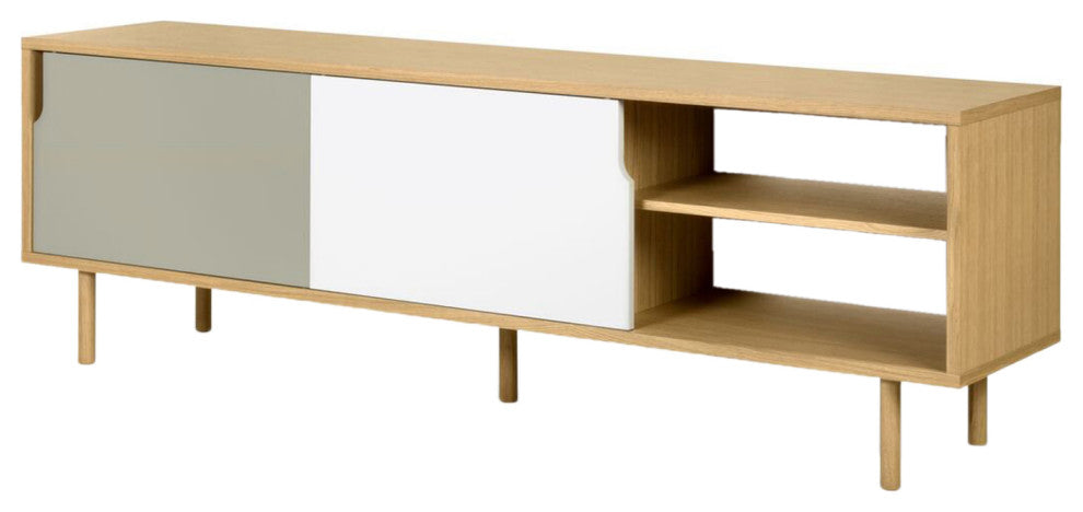 Modern Long Wood 2 Tone Sideboard , White/Grey Door, Oak Leg