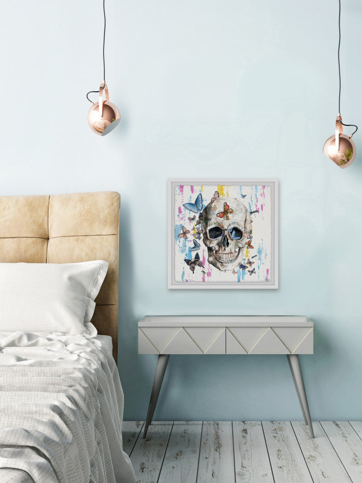 "Colorful Happy Butterfly Skull" Framed Painting Print, 18"x18"