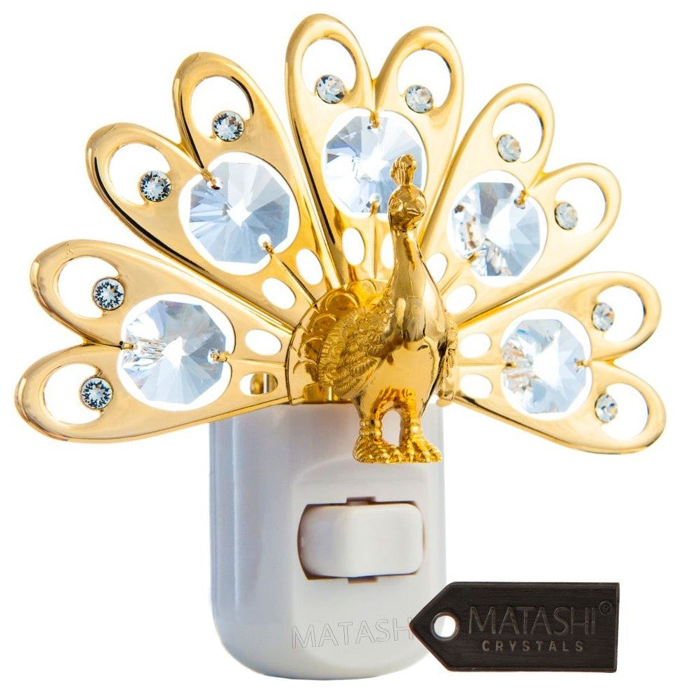 24K Gold Plated Crystal Studded Peacock Night Light With LED Bulb