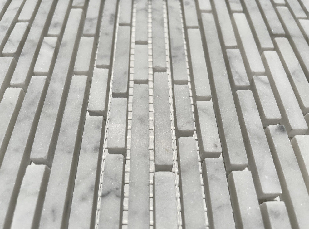 Carrara Marble Bamboo Random Strip Tile Heavy Rain Mosaic Honed Venato, 1 sheet