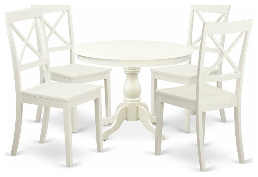 5 Pc Kitchen Set, Linen White Breakfast Table, 4 Linen White Chairs