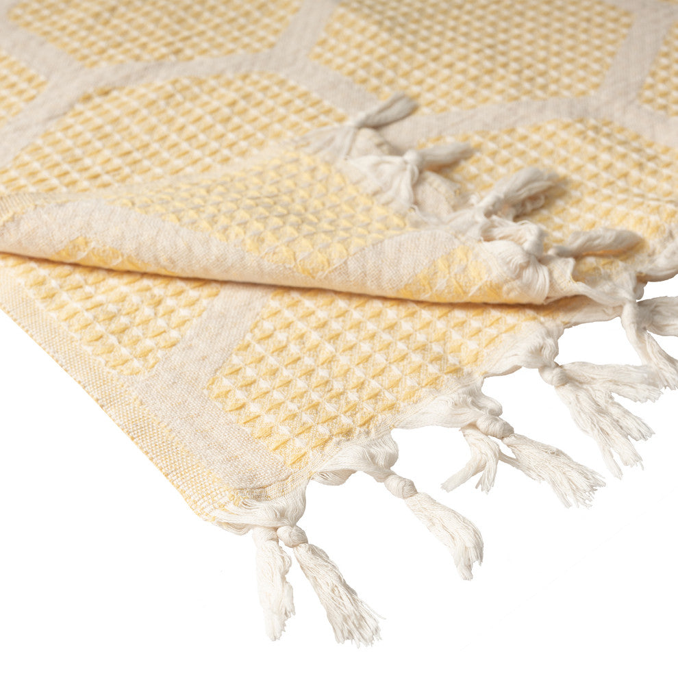Blue/ Cream Geometric Turkish Organic Cotton Throw Blanket, Yellow