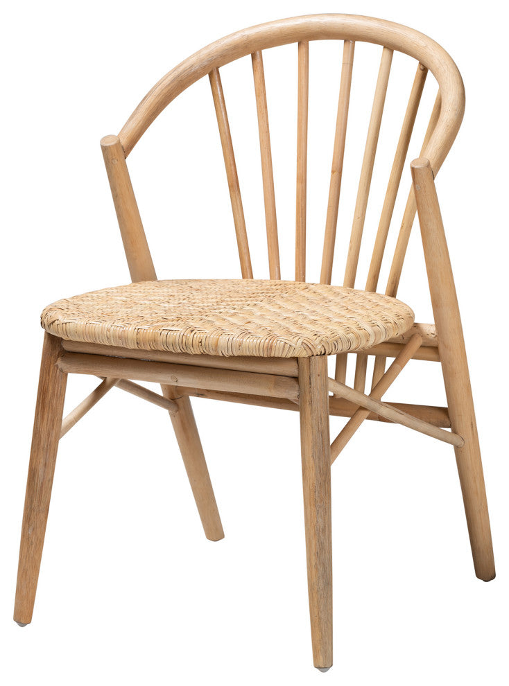 Kobe Mid-Century Modern Natural Brown Finished Wood and Rattan Dining Chair