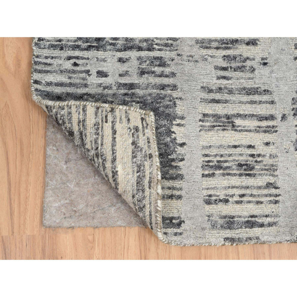Gray, Modern Design, Natural Wool, Hand Knotted XL Runner Rug, 2'6"x20'0"