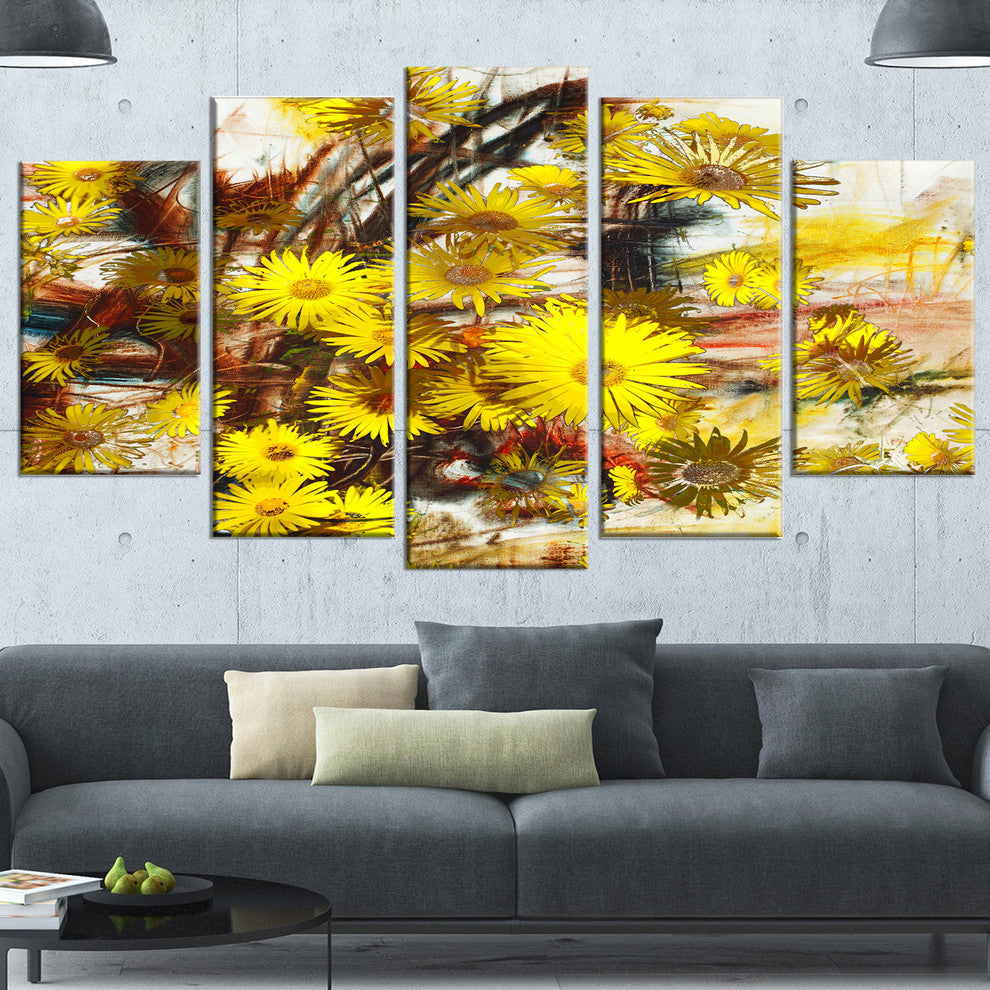Yellow Flowers Watercolor Illustration, Floral Art Canvas Art, 60"x32", 5 Panels