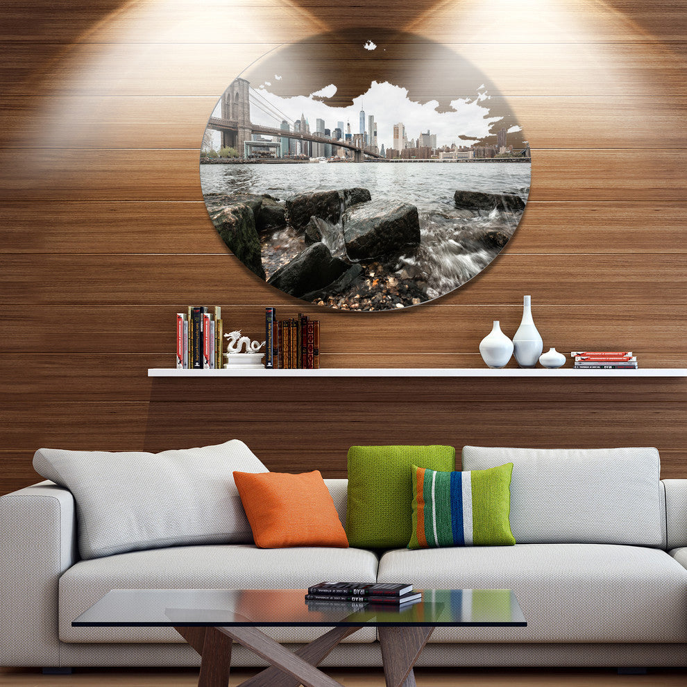 Brooklyn Bridge With Rocks On Shore, Cityscape Disc Metal Wall Art, 23"