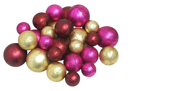 Pack of 27 Shatterproof Merlot, Gold With Fuschia Christmas Ball Ornaments