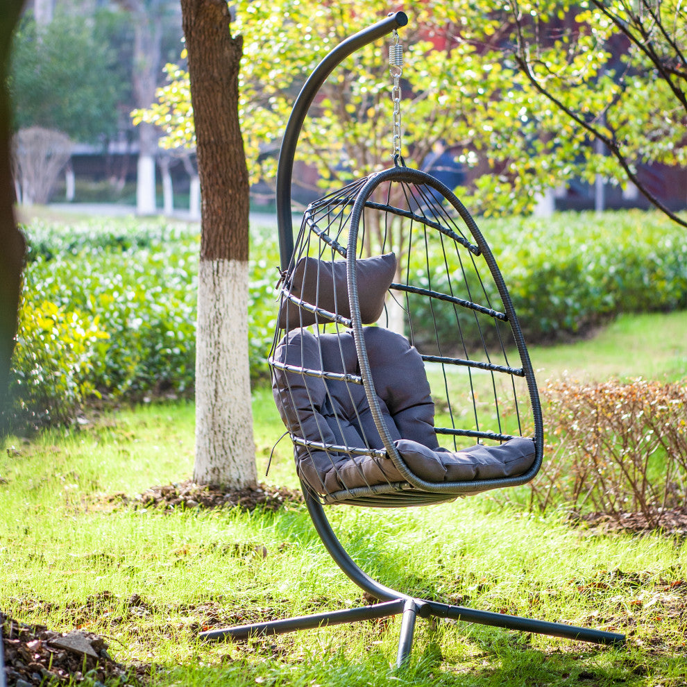 Outdoor Patio Wicker Swing Chair Hanging Egg Chair With Cushion, Dark Gray