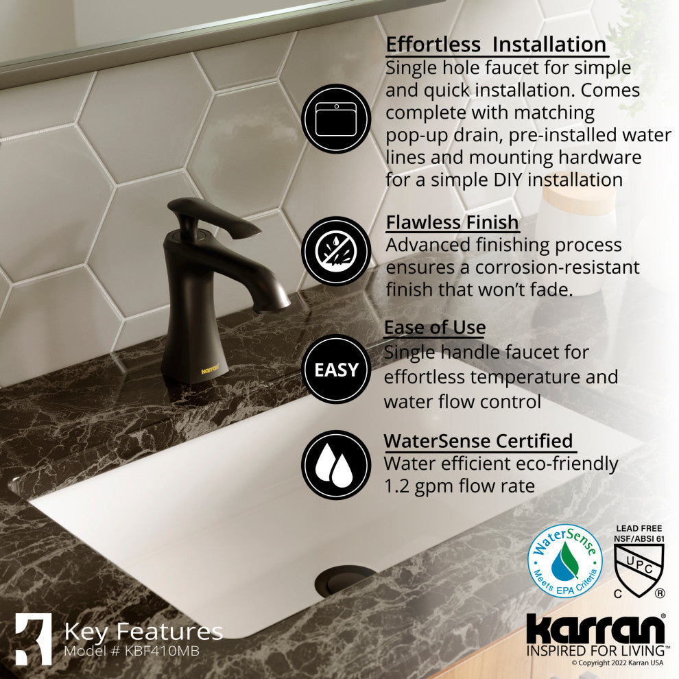 Karran 1-Hole 1-Handle Bathroom Faucet With Pop-Up Drain, Matte Black
