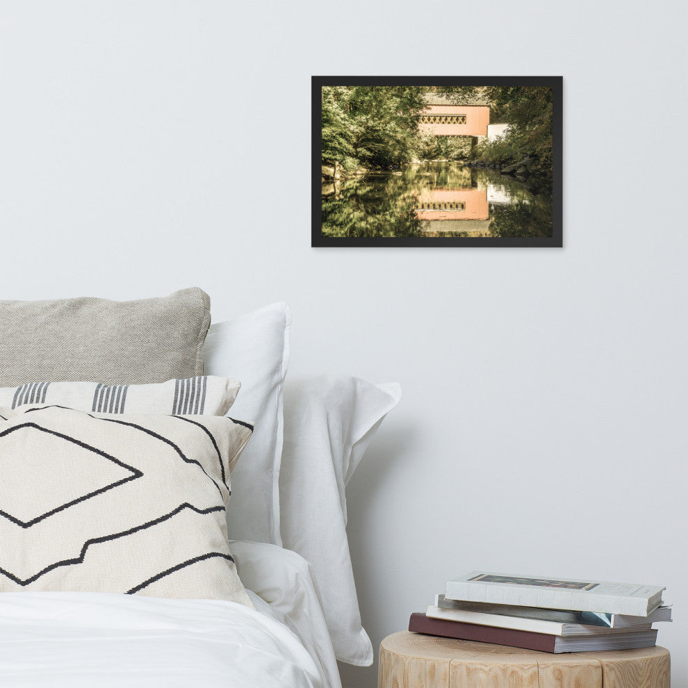 The Reflections of Wooddale Covered Bridge Aged Framed Photo Wall Art Print, Black, 12" X 18"