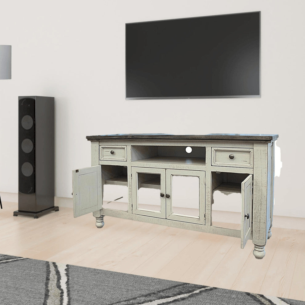 60" Ivory Solid Wood Open shelving Distressed TV Stand