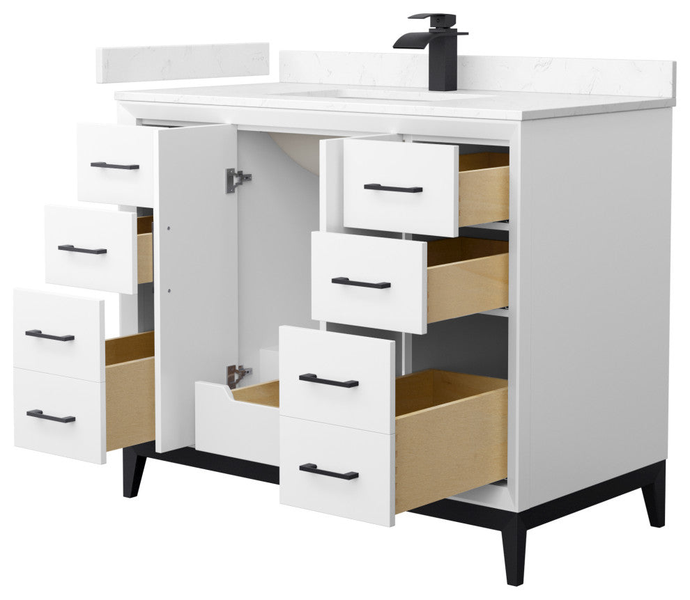 Amici 42" White Single Vanity, Carrara Cultured Marble Top, Matte Black Trim