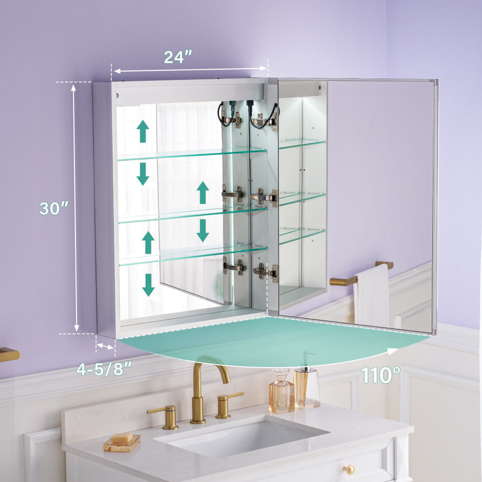 Recessed/Surface Mount LED Medicine Cabinet Mirror with Defogger, 24"x30" Right Hinge