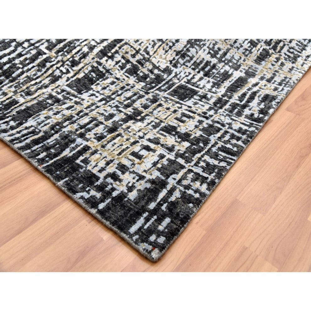 Jet Black, Organic Wool Hand Knotted, Abstract Design Oriental Rug, 9'0"x12'4"