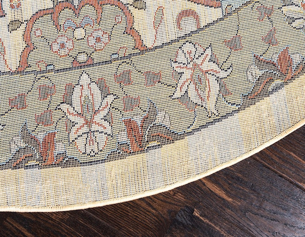 Country and Floral Kashan 8' Round Creme Area Rug
