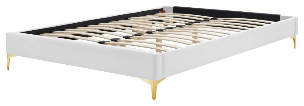Platform Bed Frame, King Size, Velvet, White, Modern Contemporary, Bedroom