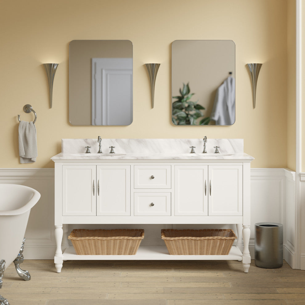 Beverly 60" Bath Vanity, White, Carrara Marble, Double Vanity