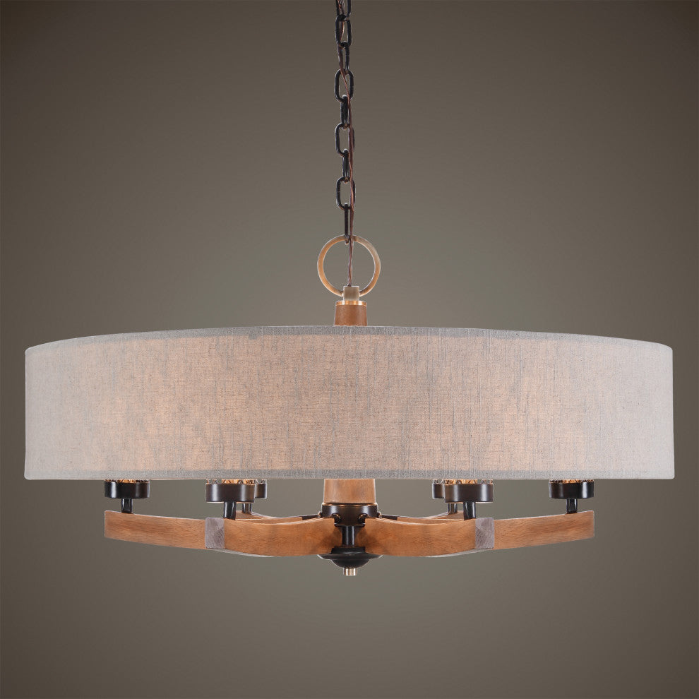Mid Century Modern Wide Shade Drum Chandelier, 6 Light Wood Arm Bronze Pendant